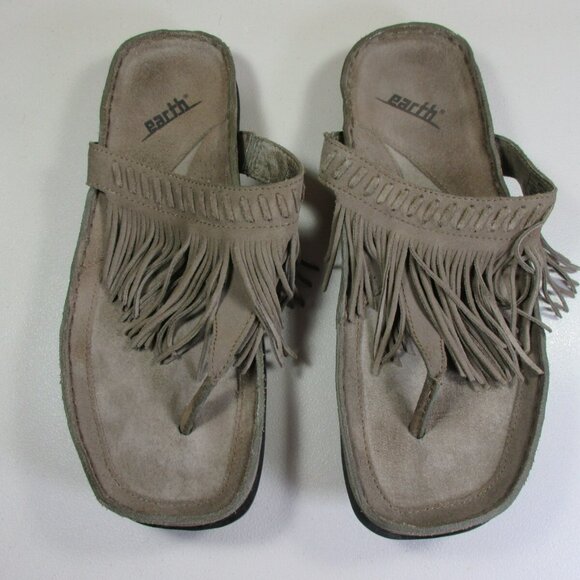Earth Kalso womens tan suede Nature Fringe thong sandals 9.5 M EUC - Picture 1 of 6
